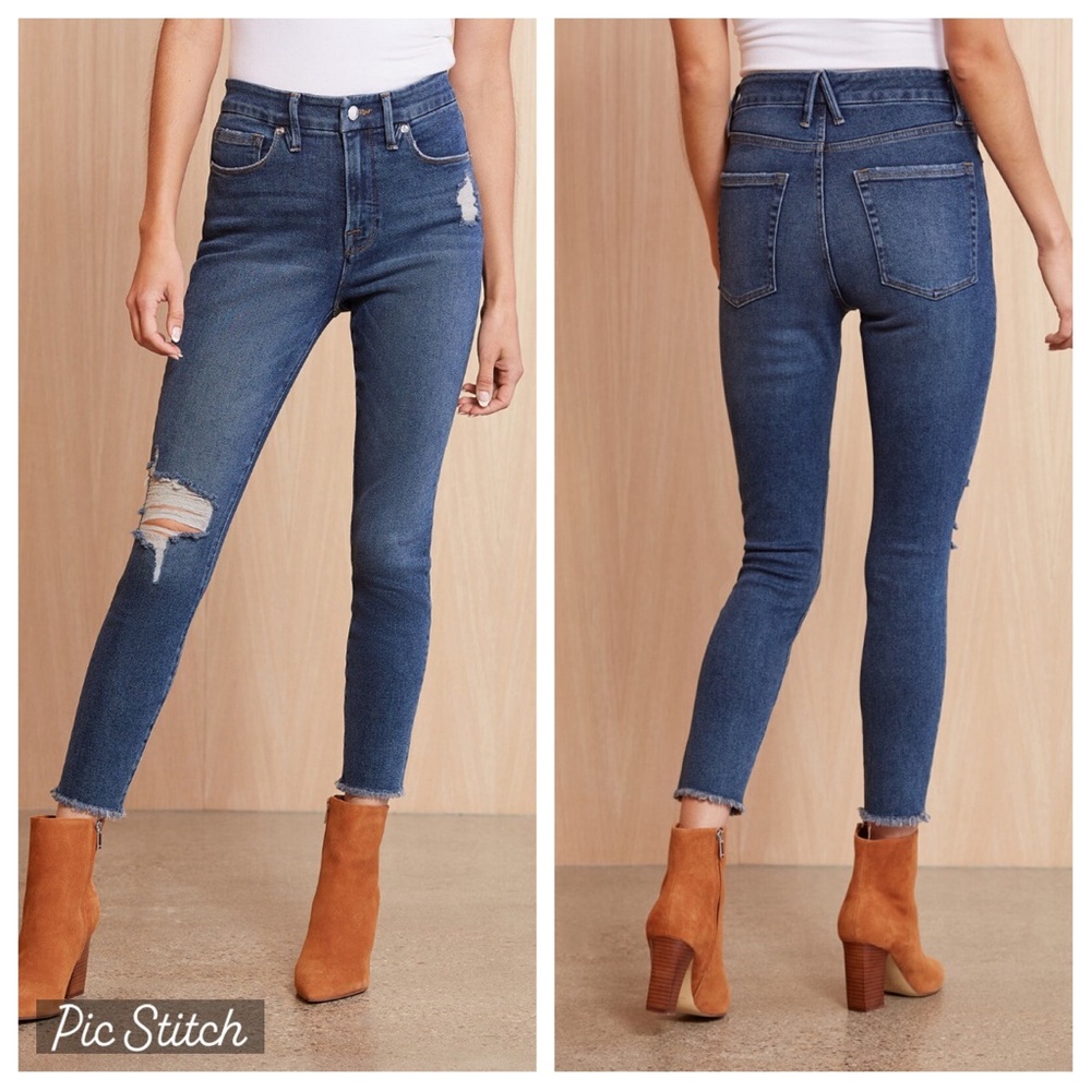 Good American Denim Good Legs Crop Fray Hem Dark Wash Distressed Women’s Sz 6